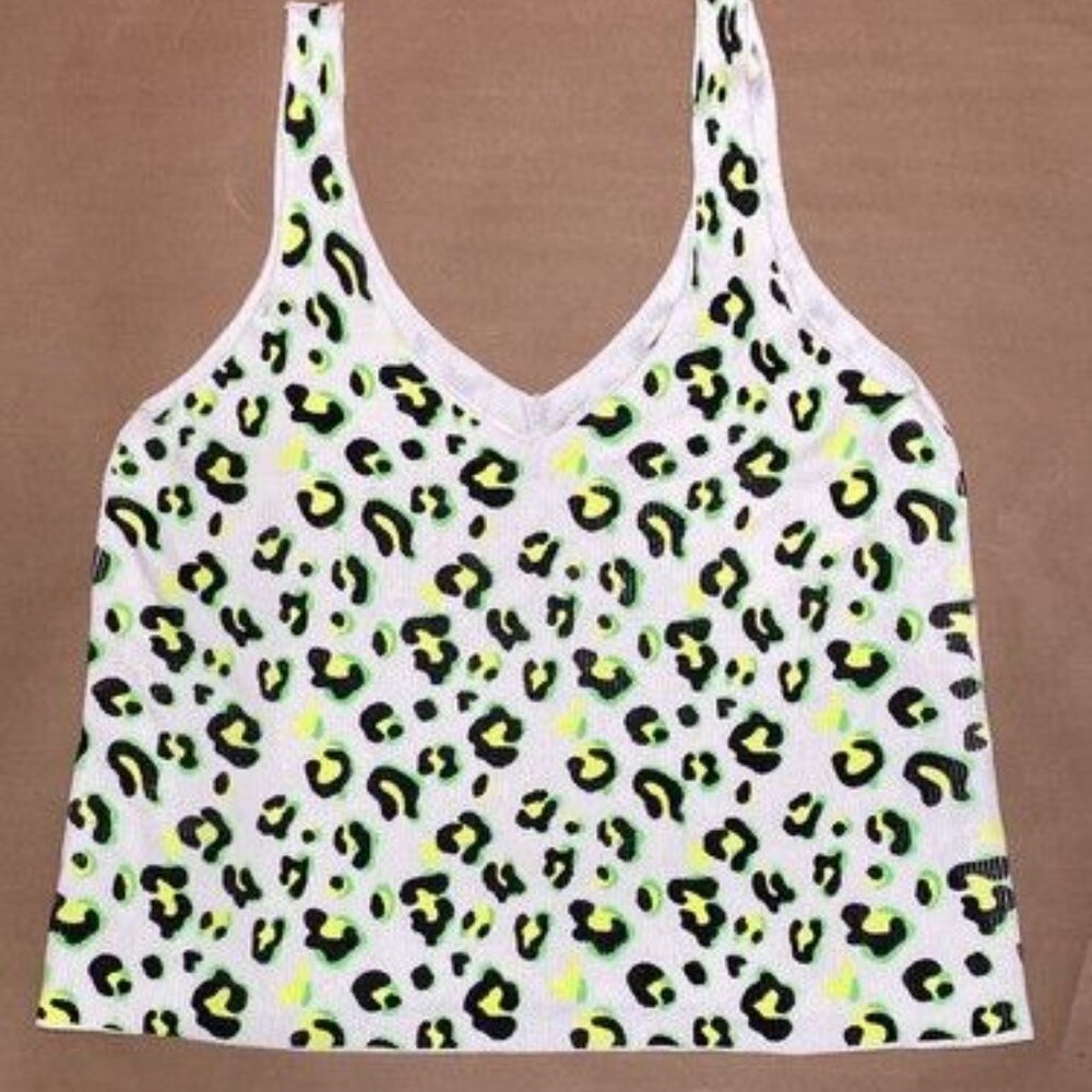 GOOD LUCK GEM Double V Ribbed Sweater Tank Top Neon Green Animal Print L